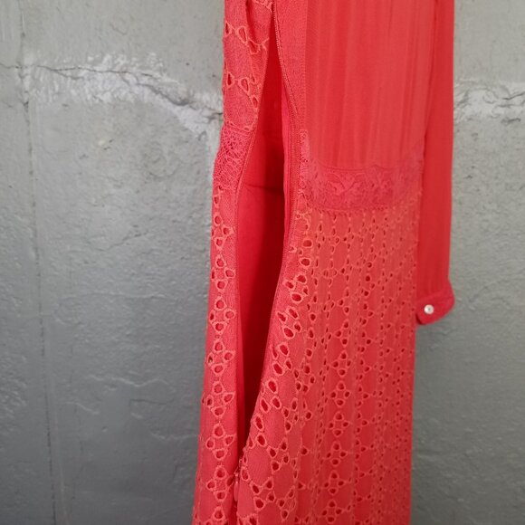 Allsaints Lilith Dress Sz 6 Eyelet Fit & Flare A-Line Coral Red Lace Sheer Lined - Picture 6 of 16